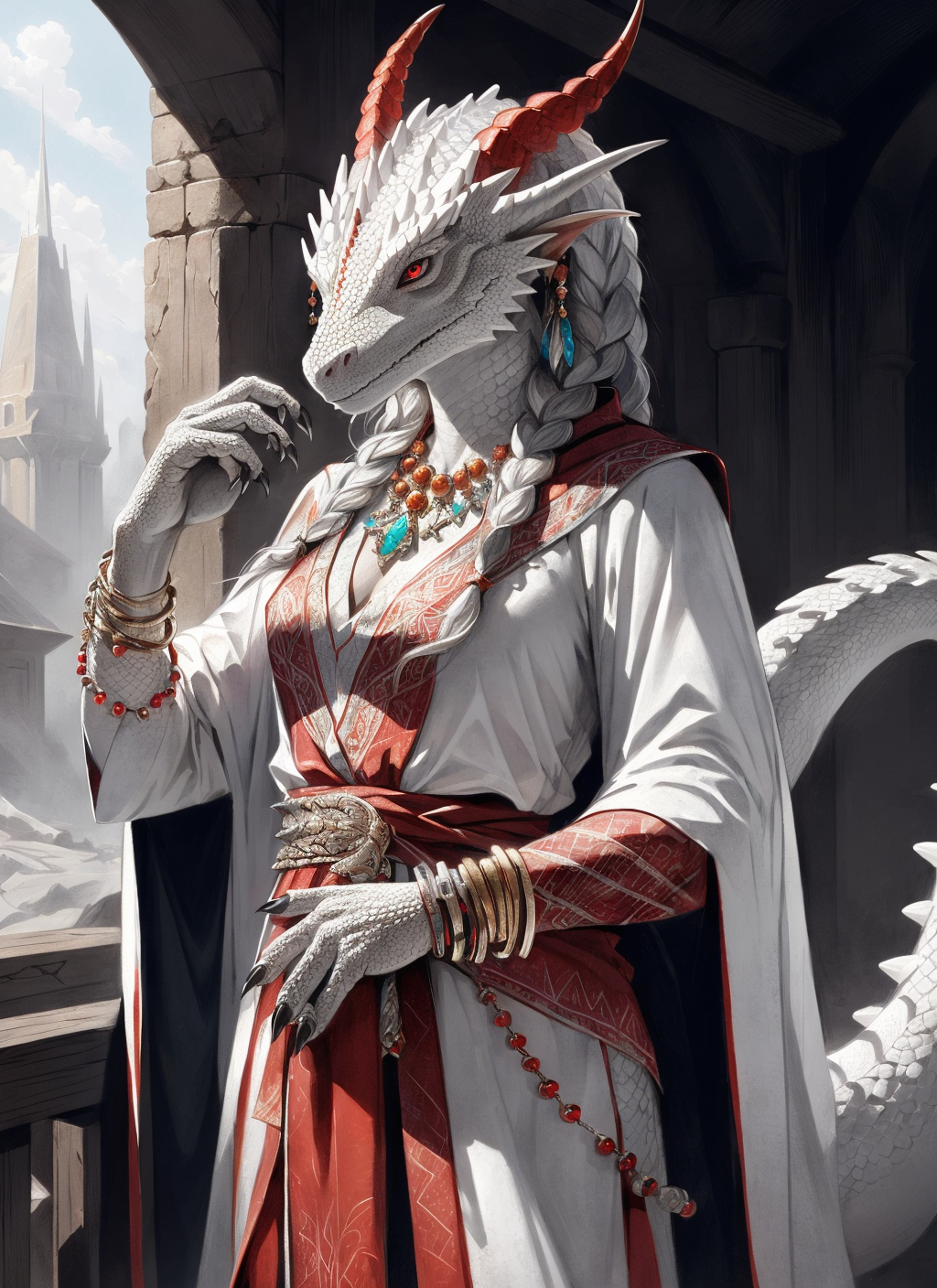 22072221-4161553119-white dragonborn, solo, looking at viewer, red eyes, female, jewelry, tail, braid, female focus, cowboy shot, earrings, horns, d.png